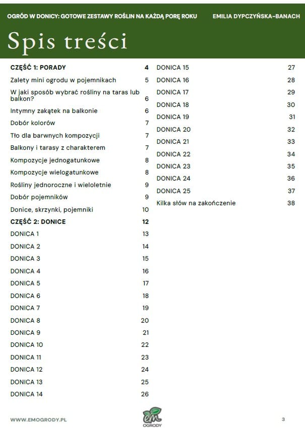 Ogród w donicy. Gotowe zestawy roślin na każdą porę roku - spis treści